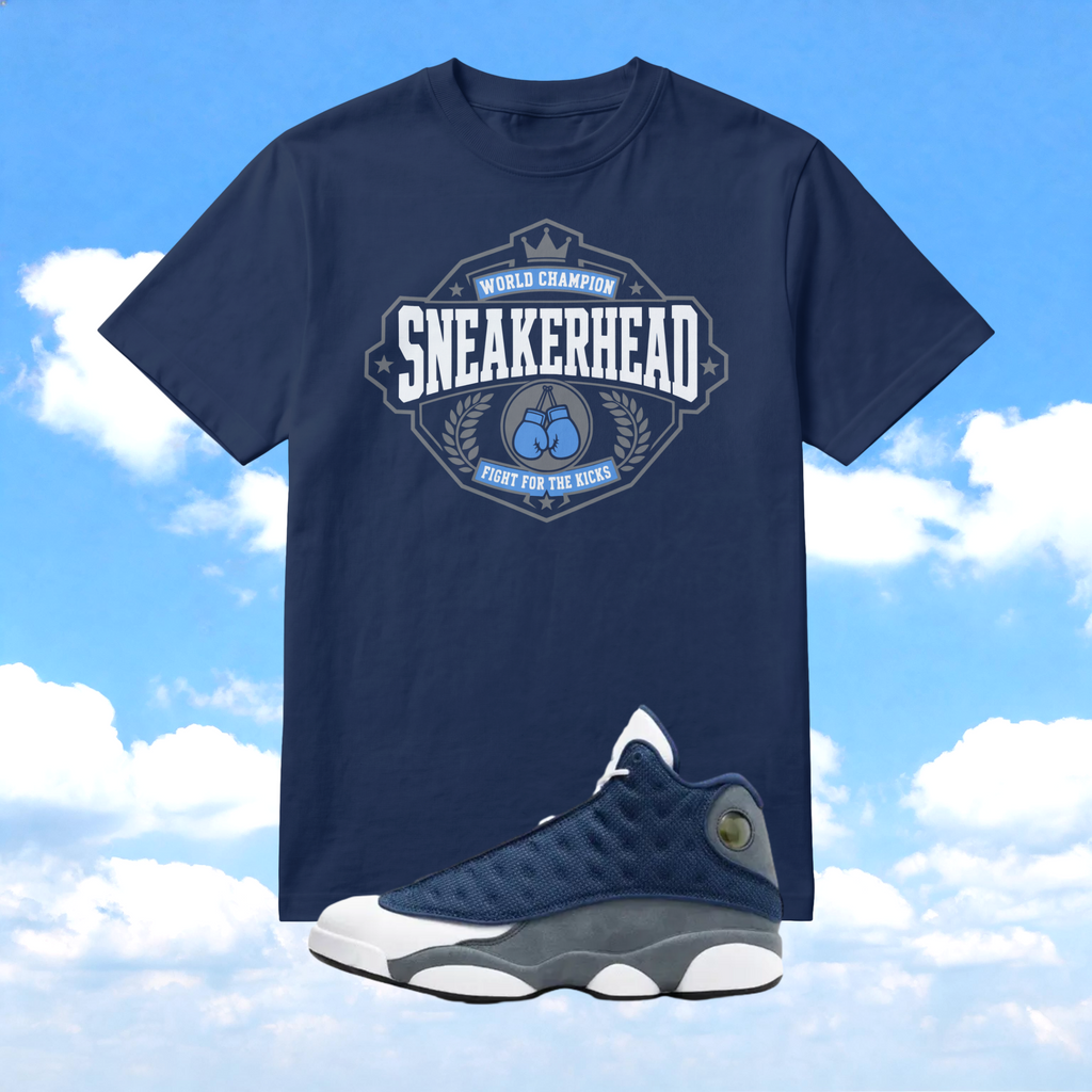 Shirt to Match Flint 13s | Sneakerhead World Champion Navy Match Tee | Jordan 13 Blue Streetwear Graphic | Sneaker Gift
