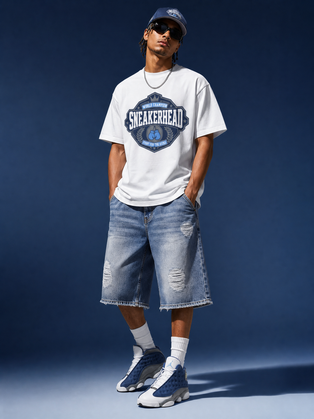 Shirt to Match Flint 13s | Sneakerhead World Champion White Match Tee | Jordan 13 Navy Streetwear Graphic | Sneaker Gift