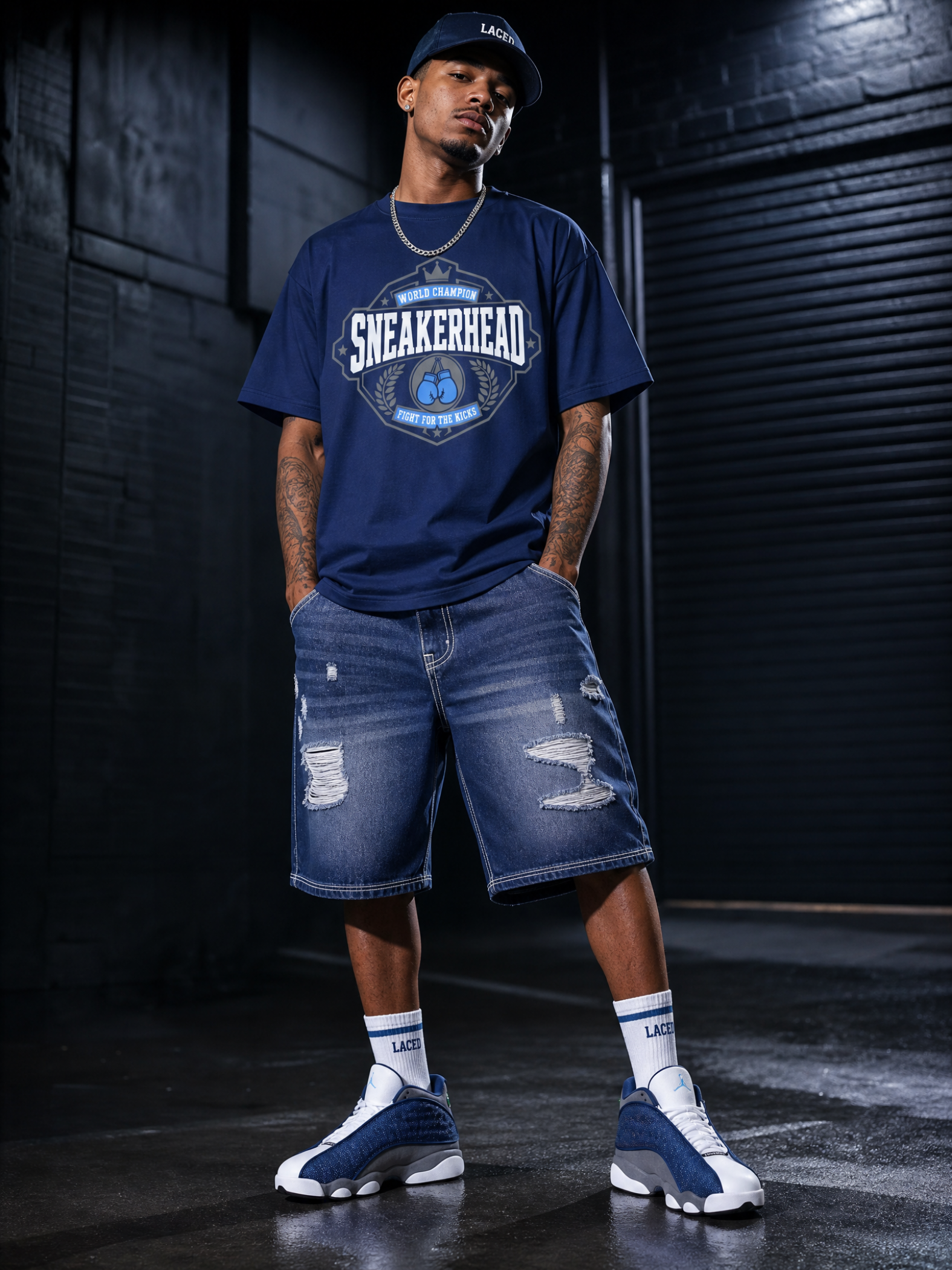 Shirt to Match Flint 13s | Sneakerhead World Champion Navy Match Tee | Jordan 13 Blue Streetwear Graphic | Sneaker Gift